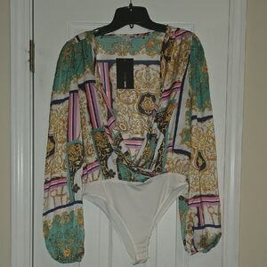 Patterned Long-Sleeve Wrap Bodysuit - Teal/Gold/White